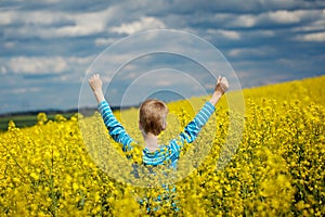 Ack view. Happy smiling boy jumping for joy on a yellow field
