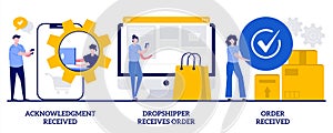 Acknowledgment received, drop shipper receives order, order received concept with tiny people. Customer support, express delivery