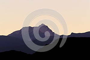 Aconcagua, highest mountain in the Americas, layers of the andean precordillera, view from Uspallata, Mendoza, Argentina