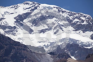 Aconcagua mountain peak with clear blue sky. Argentina