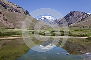 Aconcagua mountain reflected at a lake.