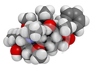 Aconitine molecule. Toxin present in Aconitum plants (monkshood). 3D rendering. Atoms are represented as spheres with conventional