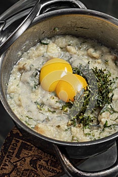 Acorda de marisco portuguese traditional seafood  bread and egg stew