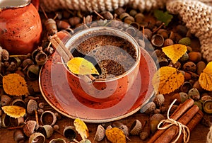 Acorn coffee, alternative to coffee beans, autumn cozy composition