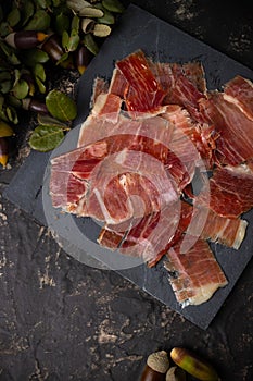 Acorn ham concept. pork product fed with oak acorns, also known in spain as black legged ham