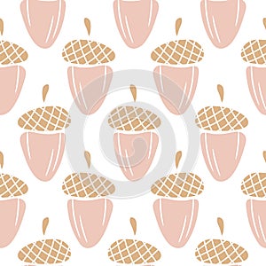 Acorn plant seamless vector pattern in light pink color.