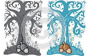 Acorn and tree of life tattoo style illustration