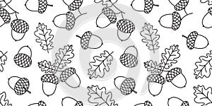 Acorn vector seamless pattern, oak leaf, nut and branch, black outline silhouette. Christmas simple print