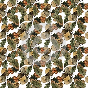 Acorns on a branch with oak leaves, autumn watercolor , seamless pattern