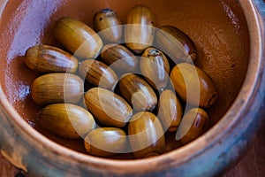 Acorns in a clay bowl. Ingredient for cooking in ancient times. Close-up