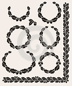 Acorns frame and leaves collection set. Vector