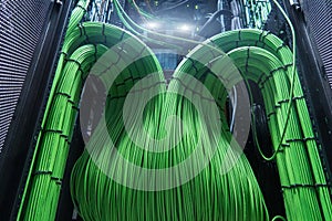 Acoustic audio cable server. Green audio cable. Many acoustic cables. ÃÂ¡oaxial cable for data transmission server. Close up