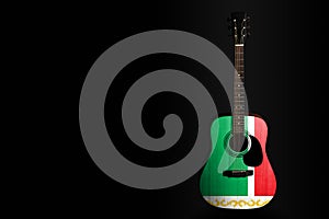 Acoustic concert guitar with a drawn flag Chechnya, on a dark background, as a symbol of national creativity or folk song