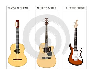 Acoustic, electric and classical Guitar Set. Vector illustration