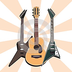 acoustic and electric guitars musical instrument, sunburst background