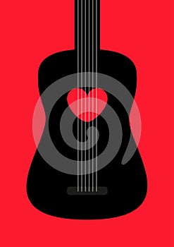 Acoustic guitar. Black silhouette. Red heart icon sign symbol. Music instrument. Love greeting card, banner, invitation template.