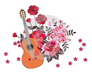 Acoustic guitar and bouquet of red and pink flowers isolated on white background. Cute cartoon illustration. Music symbol