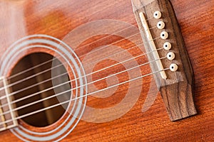 Acoustic Guitar Bridge Metal strings Wooden playing instrument.