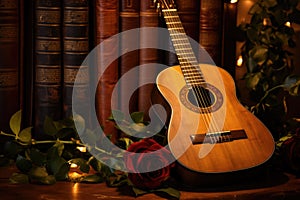 an acoustic guitar with a christmas carol songbook