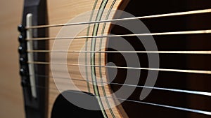 Acoustic guitar close up. Passage of the camera on the slider