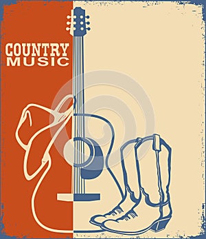 Acoustic guitar and cowboy American hat for text. Vintage Country music of Vector poster with grunge frame background