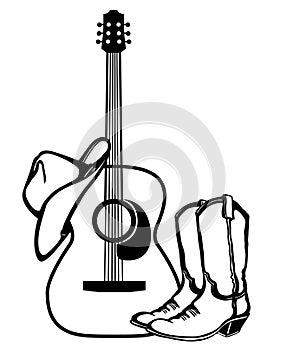 Acoustic guitar and cowboy boots and American hat. Country music Outline vector illustration isolated t shirt design on white