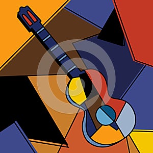 An acoustic guitar cubist surrealism painting modern abstract design. A musical instrument. Abstract colorful music. Cubism