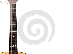 Acoustic guitar fretboard with bronze string isolated white background