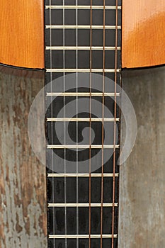 Acoustic guitar fretboard.