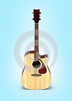 Acoustic guitar front view on blue gradient background 3d