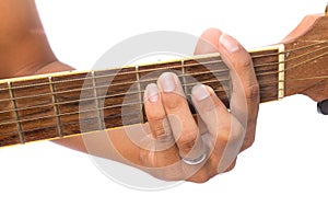 Acoustic guitar guitarist playing F major Chord on white background