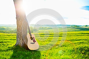 Acoustic guitar leaning against the trunk of a tree against a backdrop of beautiful scenery, a green meadow, spring hills, blue sk