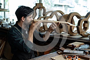 Acoustic Guitar Luthier Inspecting Guitar Neck Bend or Straight