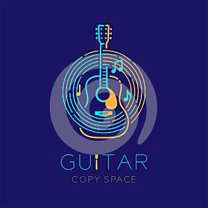 Acoustic guitar, music note with line staff circle shape logo icon outline stroke set dash line design illustration