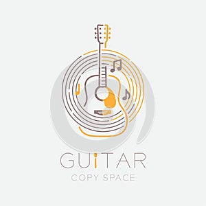 Acoustic guitar, music note with line staff circle shape logo icon outline stroke set dash line design illustration isolated on