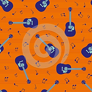 Acoustic guitar and music notes vector seamless pattern background. String instrument and annotation backdrop with