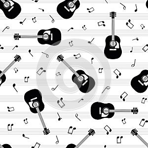 Acoustic guitar and music notes vector seamless pattern background. String instrument and annotation backdrop with