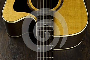 Acoustic guitar neck fingerboard frets strings music case close inlay creativity art sound vibration play music guitarist musician