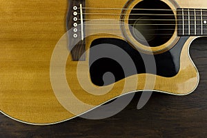 Acoustic guitar neck fingerboard frets strings music case close inlay creativity art sound vibration play music guitarist musician