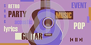 Acoustic guitar and next to it are many different inscriptions on a musical theme. Retro music concept background