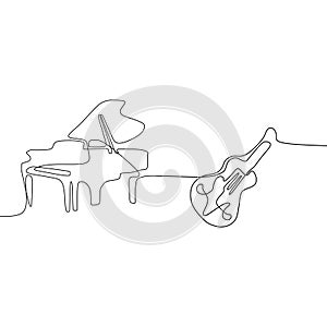 Acoustic guitar and piano one line cartoon illustration of musical instruments orchestra