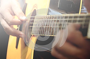 Acoustic guitar, play music and notes