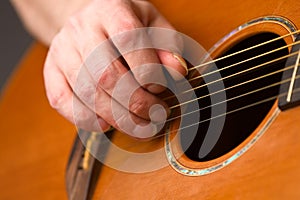 Acoustic guitar player using plectrum