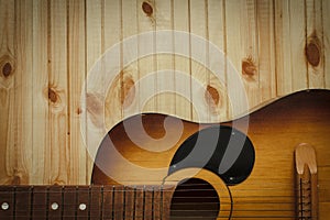 Acoustic guitar resting against a wooden background