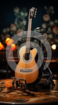 An acoustic guitar\'s notes resonate, etching melodies in the recording studio.