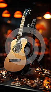 An acoustic guitar\'s notes resonate, etching melodies in the recording studio.