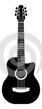 Acoustic guitar silhouette. Black string classical musical instrument logo, electric rock emblem, modern grunge or