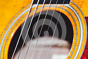 Acoustic guitar strings over the hole