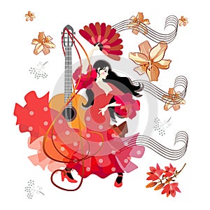 Acoustic guitar, treble clef, sheet music, beautiful Spanish girl, dressed in traditional red dress and with fan in her hand,