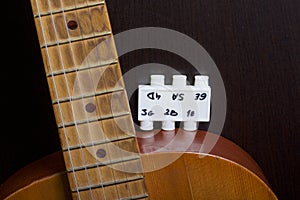 Acoustic guitar and tuning fork to adjust it. On a dark background.